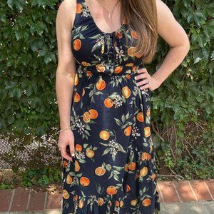 Loft Orange Harvest Button Tie Neck Midi Dress